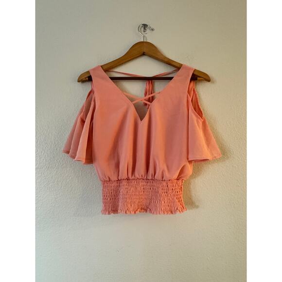 Papaya Criss Cross Cold Shoulder Smocked Blouse Size M Peach Flutter Sleeve - Picture 2 of 7